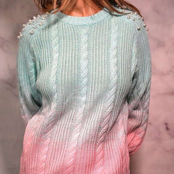 Pink and Mint Sweater with Faux Pearl Embellishment - Picture 1 of 5